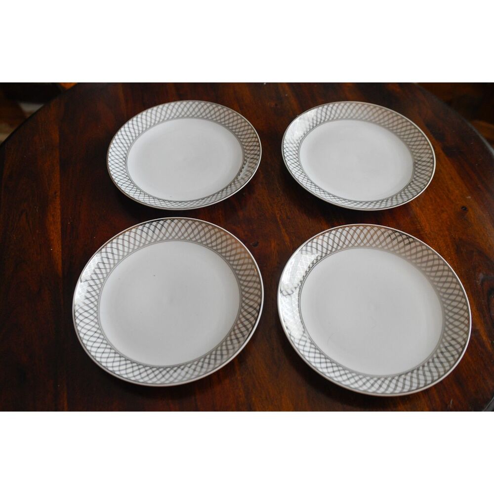 Set 4 Vintage United Airlines Dinner Plates By Wessco 8.25" Platinum Scroll
